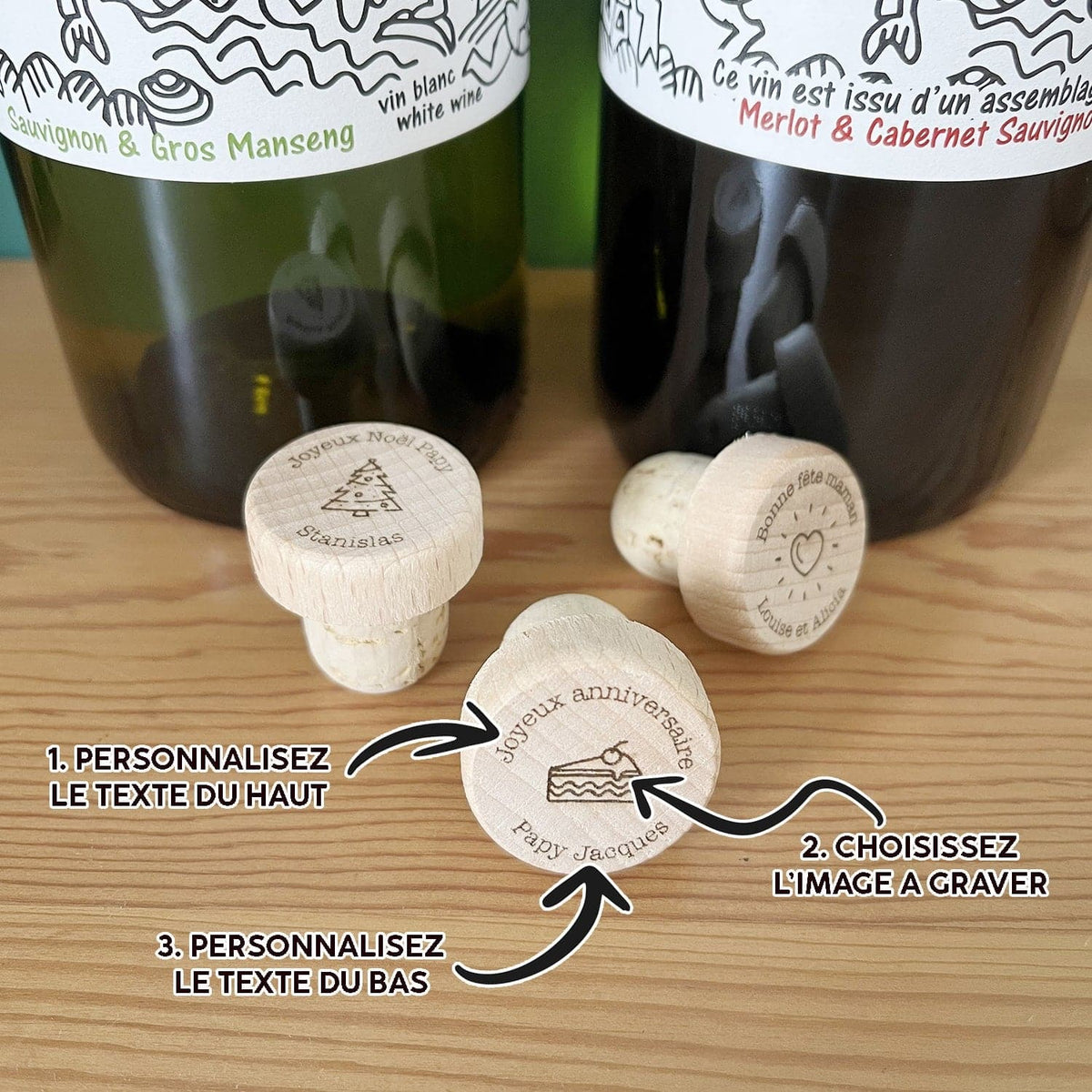 Bouchon à vin personnalisé en liège et en bois - BOUCHBOUTE
