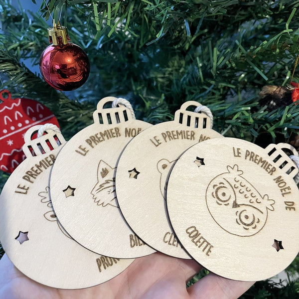 Boule de Noël "animal" en bois personnalisée (4 versions)